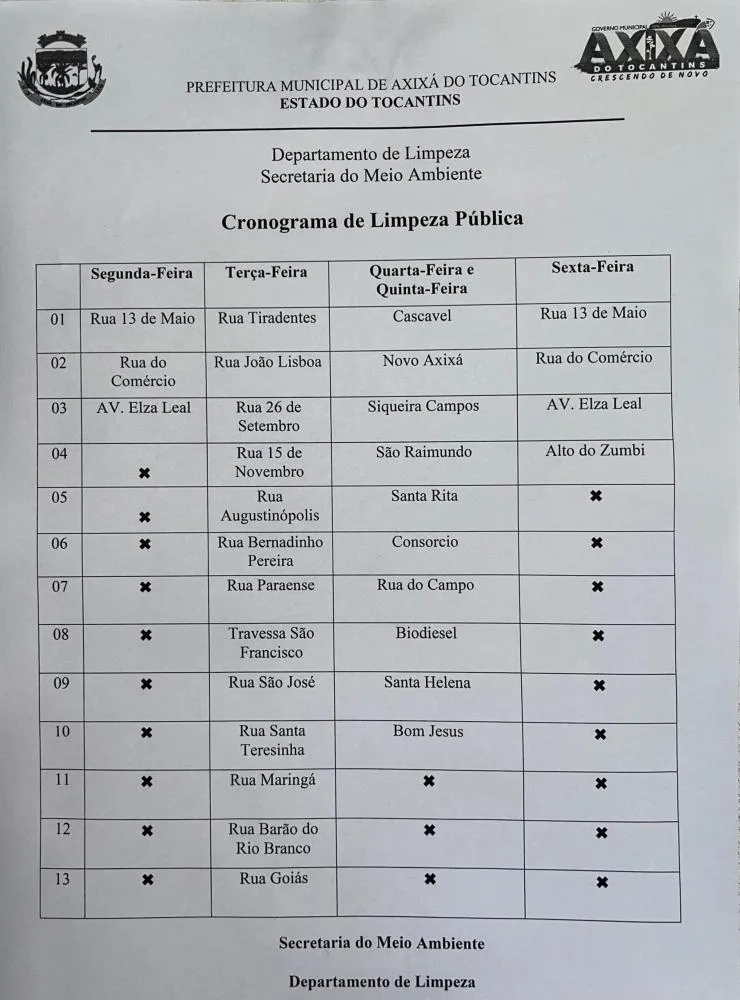 Prefeitura de Axixá do Tocantins Divulga Cronograma de Limpeza Municipal